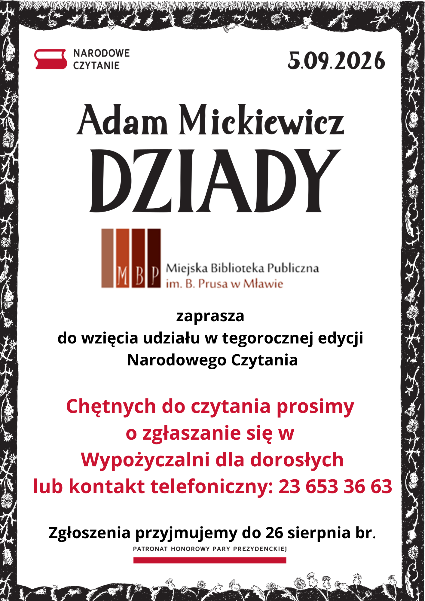 Narodowe Czytanie „Dziadów” Adama Mickiewicza – przyjmowanie zgłoszeń