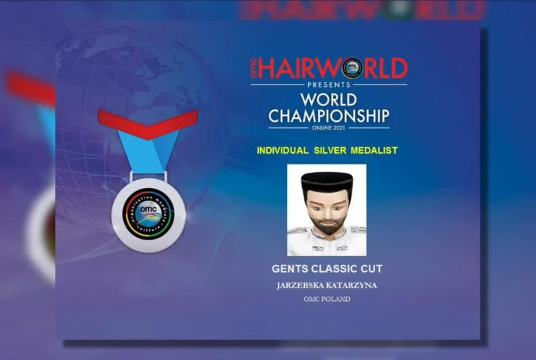 dyplom z rysunkami medalu i twarzy mężczyzny oraz napisami: OMC HAIRWORLD PRESENTS WORLD CHAMPIONSHIP ONLINE 2021 INDIVIDUAL SILVER MEDALIST GENTS CLASSIC CUT JARZEBSKA KATARZYNA OMC POLAND
