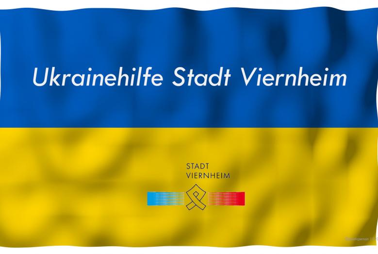 Flaga ukraińska z napisem Ukrainehilfe Stadt Viernheim