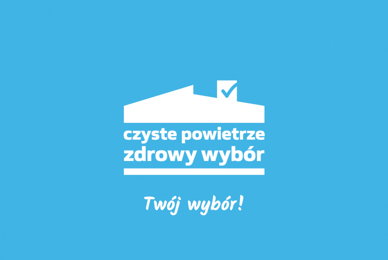 logotyp w kształcie dachu budynku z napisami: czyste powietrze zdrowy wybór Twój wybór!