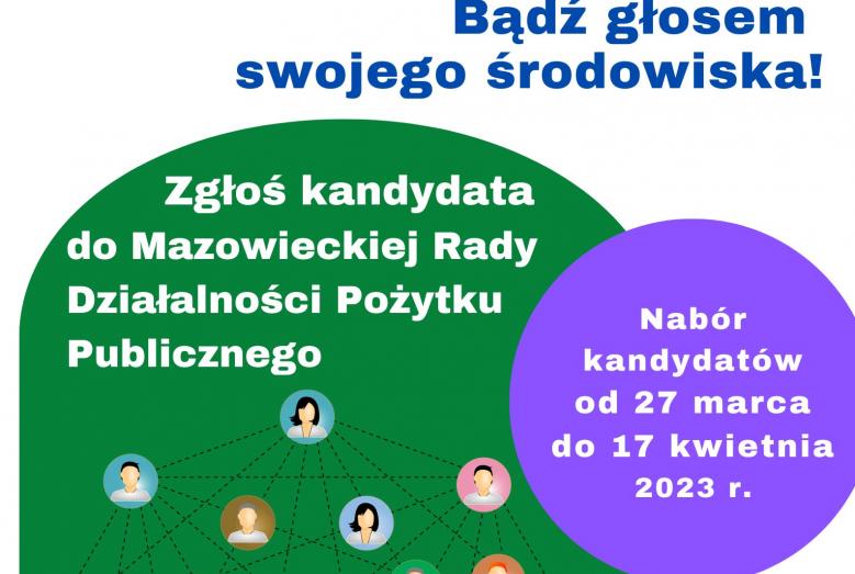 Bądź głosem swojego środowiska! Zgłoś kandydata do Mazowieckiej Rady Działalności Pożytku Publicznego. Nabór kandydatów od 27 marca do 17 kwietnia 2023 r.