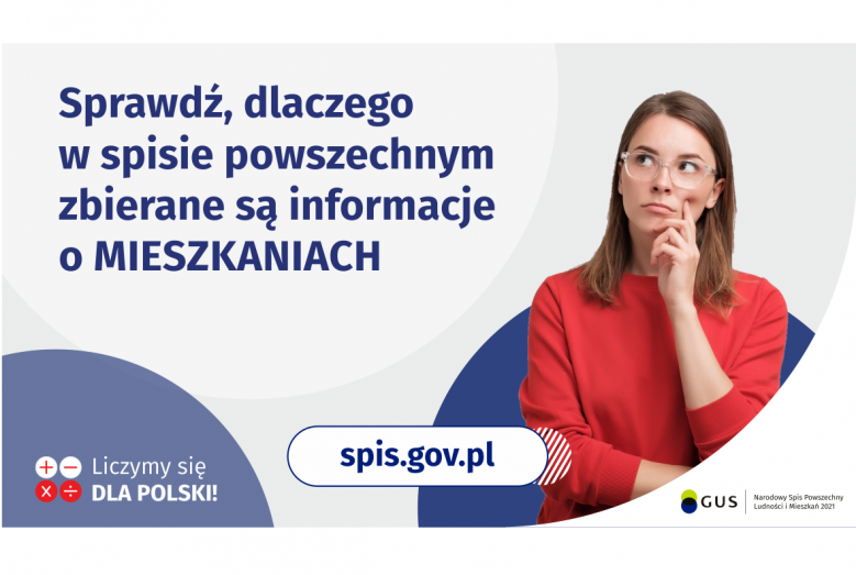 Na grafice jest napis: Sprawdź, dlaczego w spisie powszechnym zbierane są informacje o mieszkaniach. Po prawej stronie widać kobietę z zaciekawioną miną. Na dole grafiki są cztery małe koła ze znakami dodawania, odejmowania, mnożenia i dzielenia, obok nich napis: Liczymy się dla Polski! Pośrodku jest adres strony internetowej: spis.gov.pl. W prawym dolnym rogu jest logotyp spisu: dwa nachodzące na siebie pionowo koła, GUS, pionowa kreska, Narodowy Spis Powszechny Ludności i Mieszkań 2021.