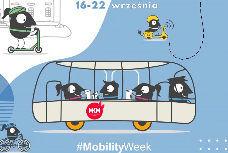 autobus z pasażerami, użytkowniczka hulajnogi, użytkownik skutera elektrycznego, rowerzystka, 16-22 września MobilityWeek