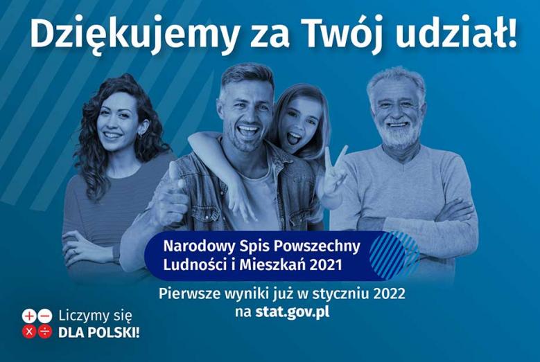 Czworo ludzi i napisy: Dziękujemy za Twój udział! Narodowy Spis Powszechny Ludności i Mieszkań 2021, Pierwsze wyniki już w styczniu 2022 na stat.gov.pl Liczymy się DLA POLSKI!