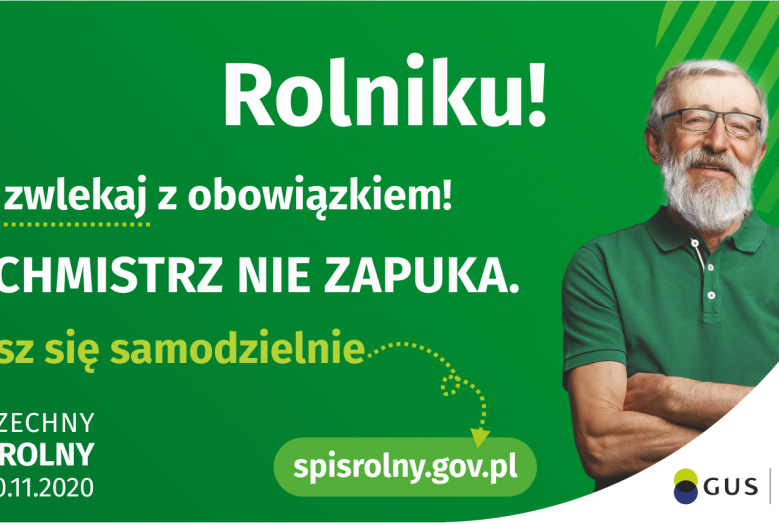 Zielony plakat z meżczyzną po prawej stronie informujący o sposobie pracy rachmistrzów spisowych 