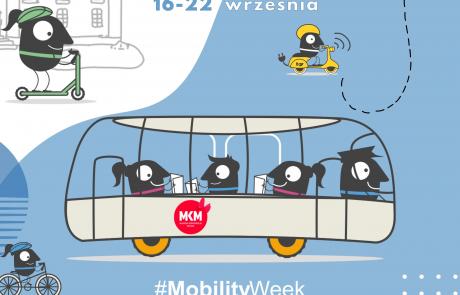 autobus z pasażerami, użytkowniczka hulajnogi, użytkownik skutera elektrycznego, rowerzystka, 16-22 września MobilityWeek